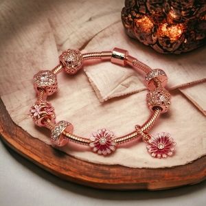 Pink Rose Gold Floral Peony Charm Bracelet